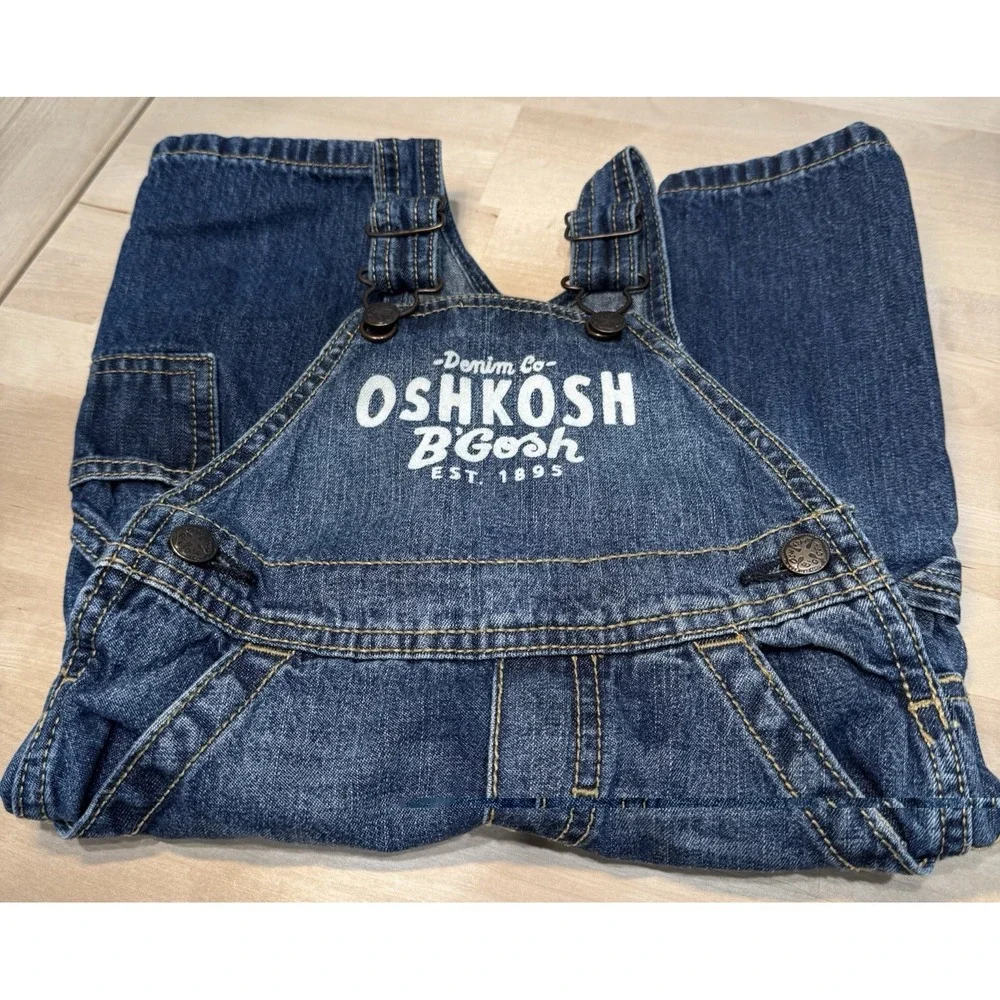 OshKosh B'Gosh Denim Overalls Baby Toddler 12 Mos Spell Out Classic Bib VestBak